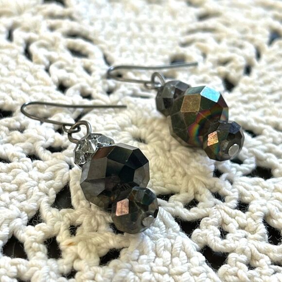 Handmade Glass Bead Earrings 1.5in Hooks Black Coated Beads Dark Silver Tone - Picture 2 of 14